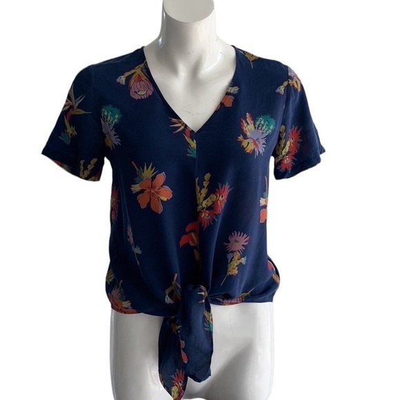 Madewell 100% Silk Novel Tie-Front Top in Bird of Paradise V- neck , size S - Picture 2 of 14